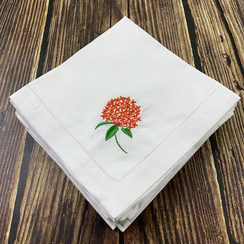 Wedding Napkins white Hemstitched linen Table Napkin with Color Embroidered Floral Dinner Napkins 20x20-inch