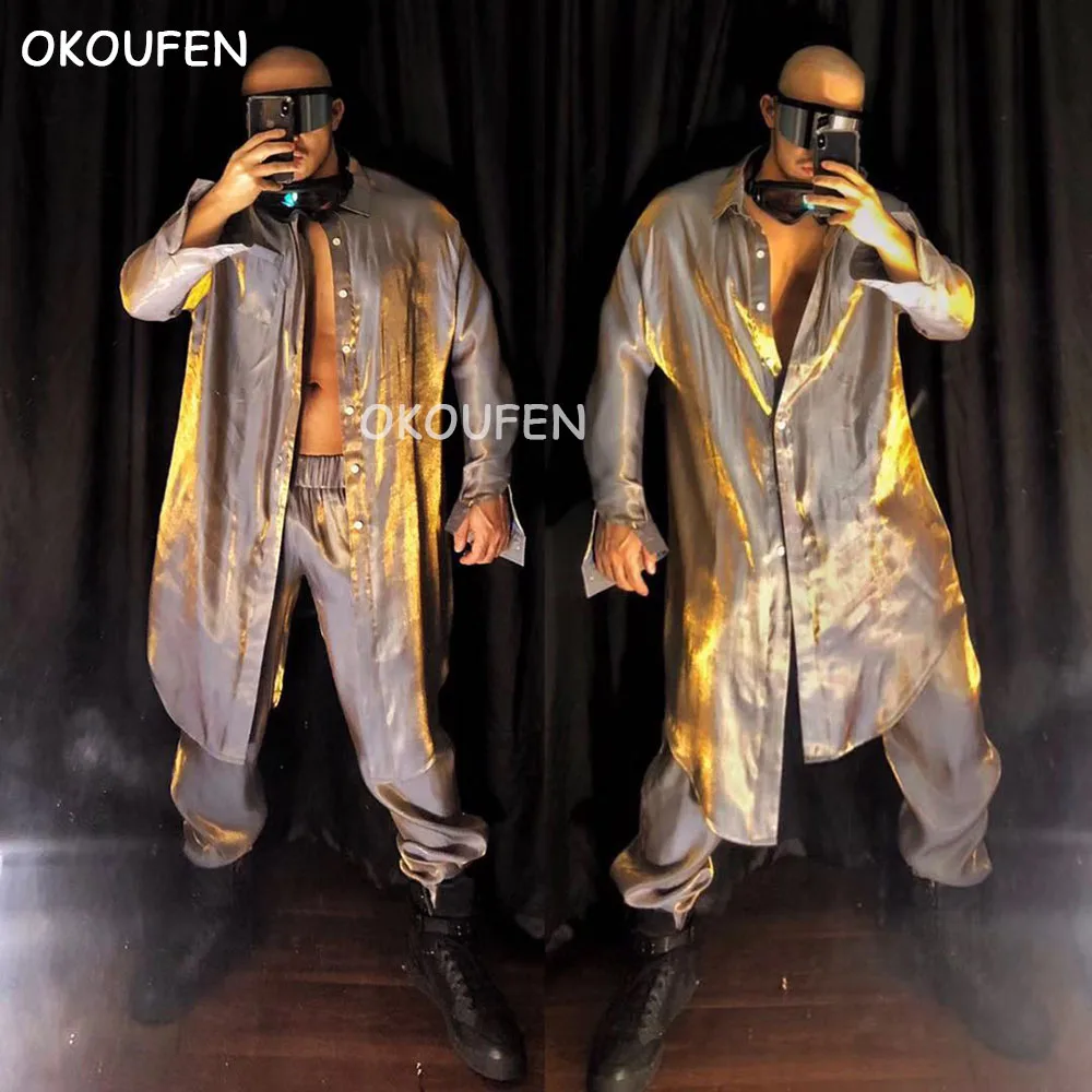 

Nightclub bar DS costumes golden color tide brand hip hop long coat costume suit singer dj show performance wear