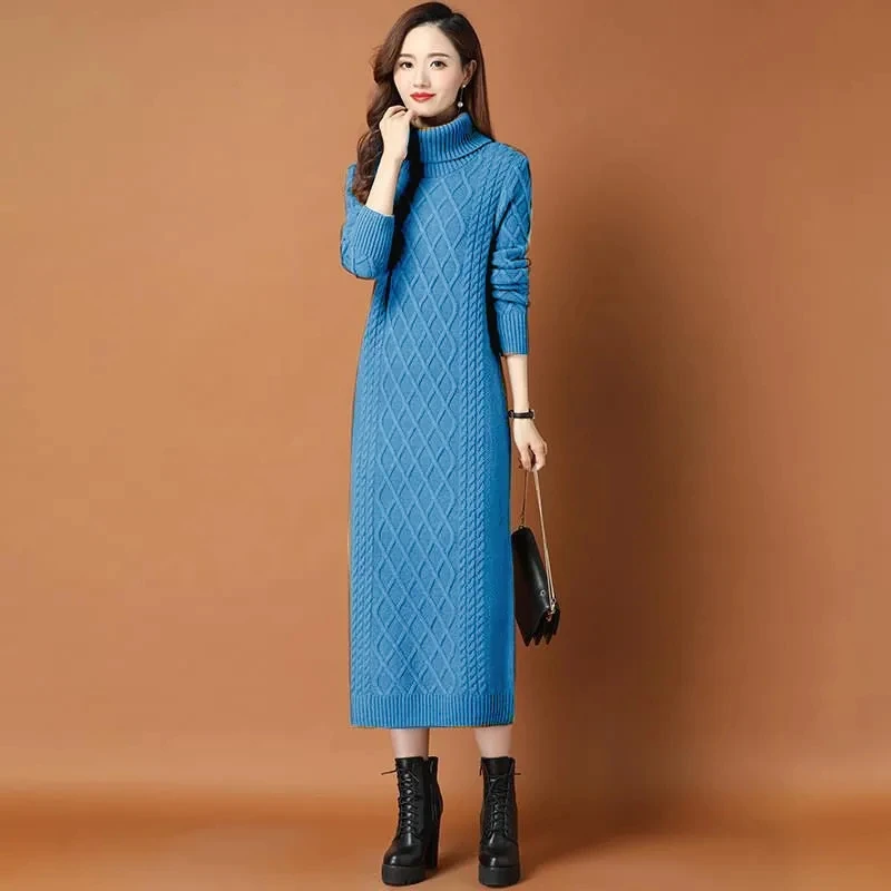 Female High Neck Long Sweater Women Thickened Autumn Winter 2024 New Loose Outer Wear Twist Base Dress Femme Knit Dress Elegant