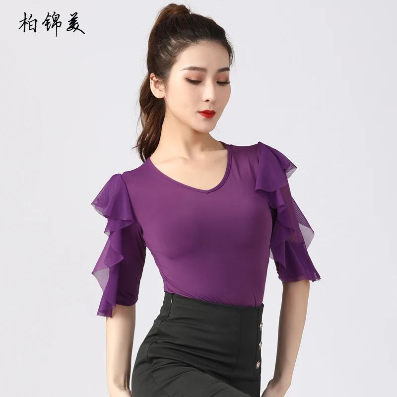 Camisa de baile latino para mujer adulta, traje de actuación de baile moderno, competición estándar nacional, cuello en V, manga de loto, competición