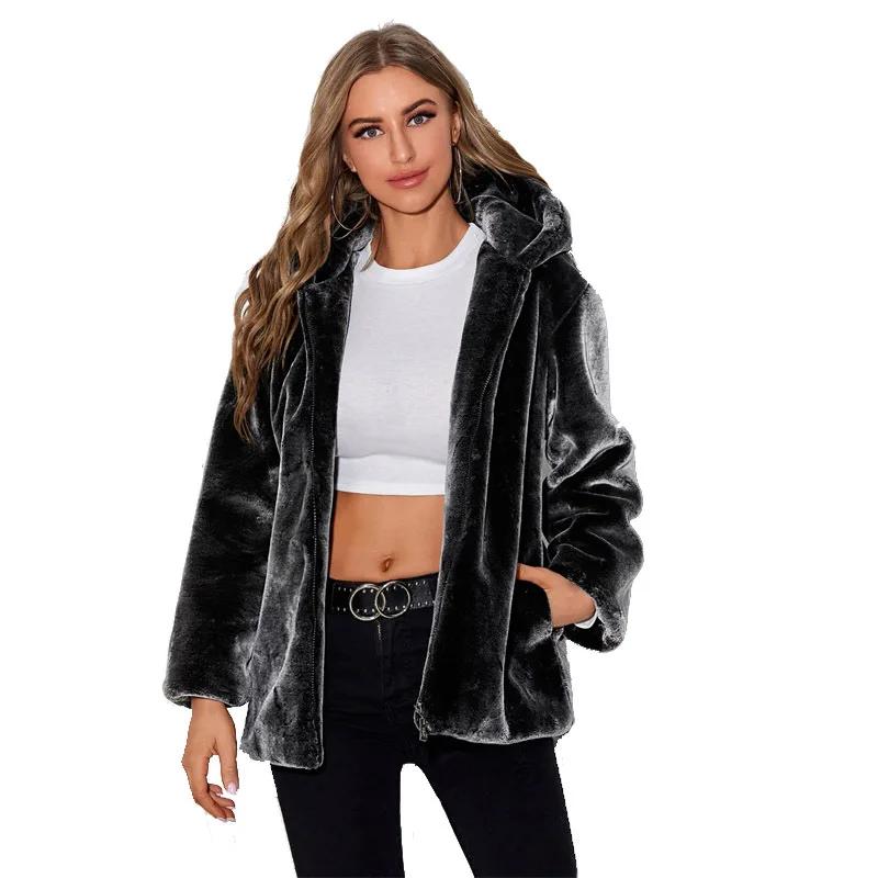 Winter Thick Warm Ladies Faux Fur Coat Hooded Black Soft Comfortable Advanced Fake Fur Women Long Sleeve Elegant Luxury Overcoat