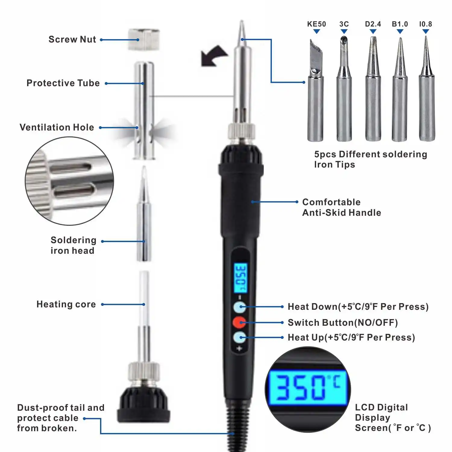 Soldering Iron Kit 80W Adjustable Temperature Fast Heating Ceramic Thermostatic Welding Iron with 180-500℃ LCD Display Home DIY