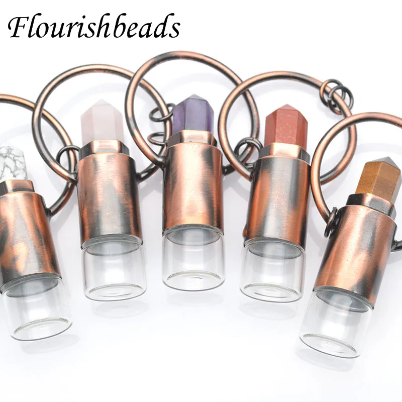 Natural Crystal Essential Oil Roller Vial Pendant Necklaces Antique Copper Perfume Bottle Charm Aromatherapy Jewelry