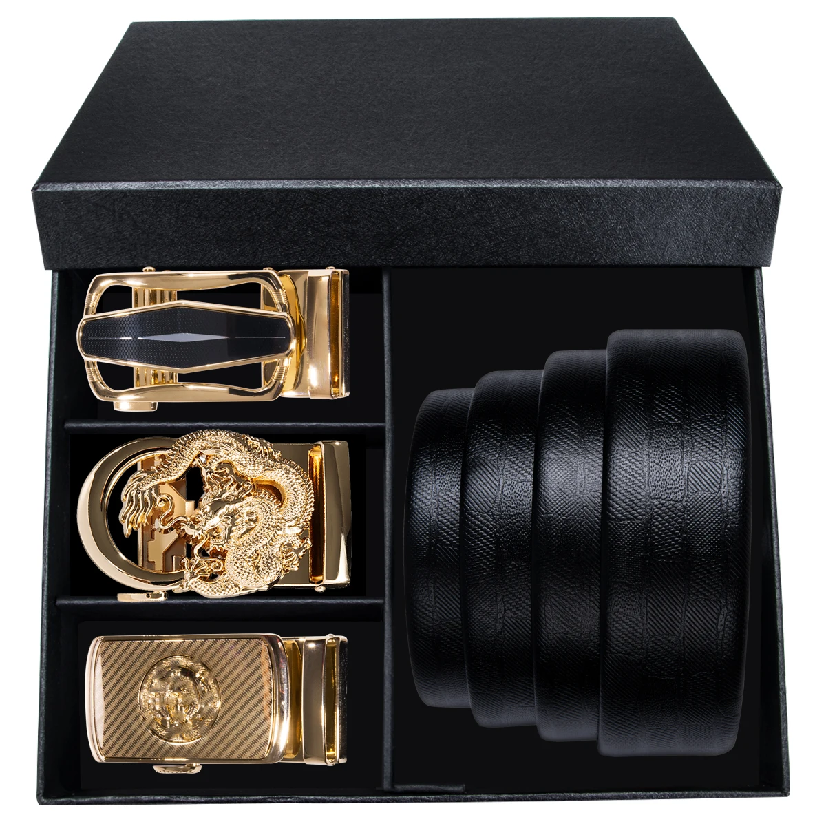 Hi-Tie Business Style Men's Genuine Leather Automatic Buckle Belt Strap Black Long Fashion Buckle Wedding Belt Box for Men Gift