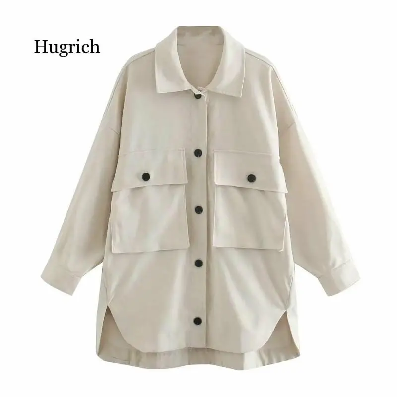 Women Overshirt with Pockets Trf Collared Overshirt with Long Sleeves Front Side Pocket Asymmetric Hem Button-Up Front