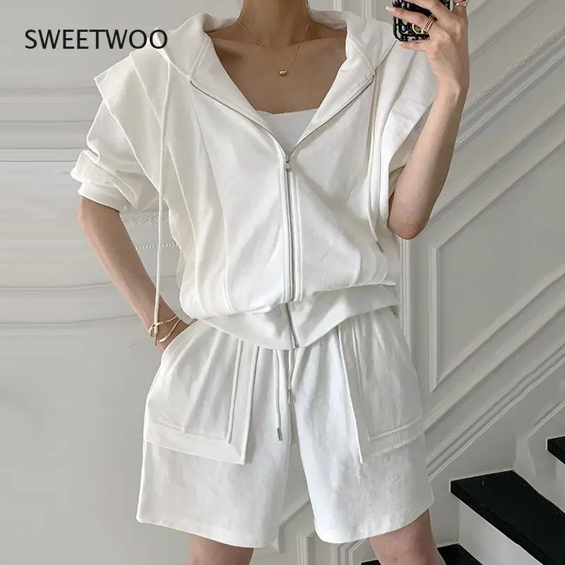 Summer Cotton Tracksuit Women Two Piece Sets Casual Tops and High Waist Shorts Streetwear 2 Piece Outfits