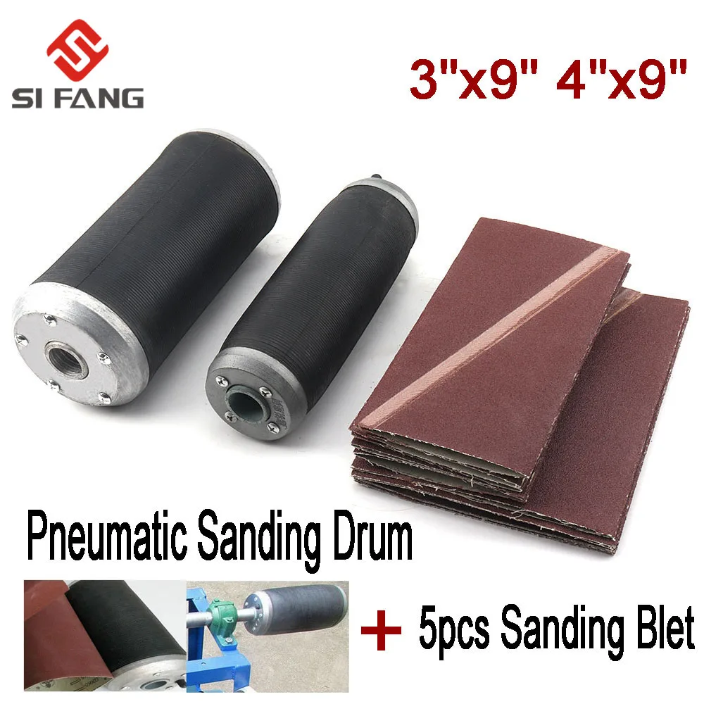 3"x9" 4"x9" Pneumatic Sanding Drum Rubber Sleeve Tube + 5pcs Sanding Belt for Polishing Wood Workpiece Surface Processing