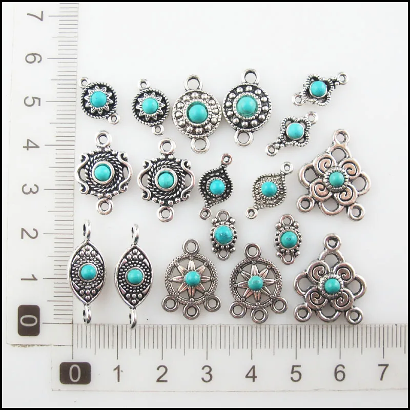 Fashion New Turquoise Stone Connectors Charms Flower Oval Round Tibetan Silver Plated Pendants Retro view 2