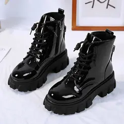 Okrągłe Toe Med Heel Boots Women Shoes Autumn Boots-Women Booties Ladies Lace Up Luxury Designer Lolita Black 2020 Rubber Flat