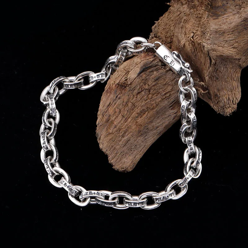 Douyin with the same 925 silver ornaments to create Thai silver retro made old letters for men and women lovers bracelet style