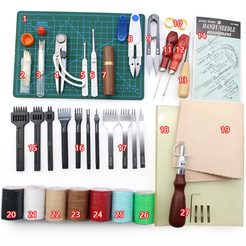 Leathercraft Tool Set Profession Cutting Mat Leather Sewing Groover Yarn Round Hole Punch Diamond Cut Pricking Iron Waxed Thread