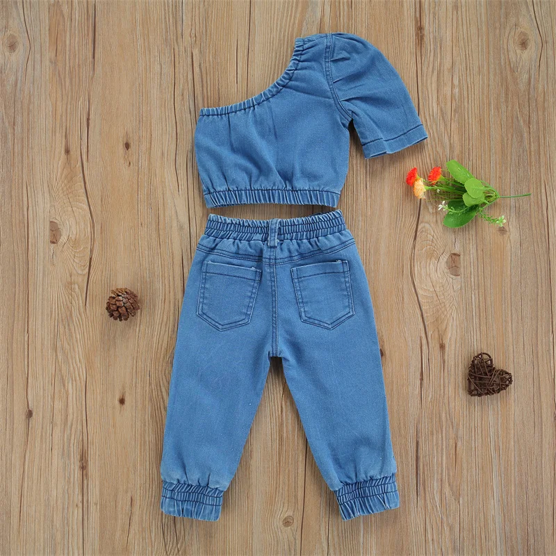 Kids Girl’s 2 Piece Set Solid Color One-shoulder Denim T-shirt Crop Tops and Ripped Long Pants Fashion Suit for 1 to 6Years