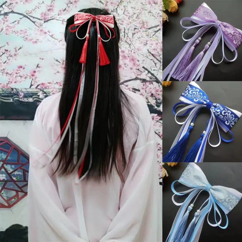 Retro Chinese Style Blue And White Porcelain Bows Ribbon Hairpin Women Hanfu Tassels Hair Accessories Children's Hair Clip