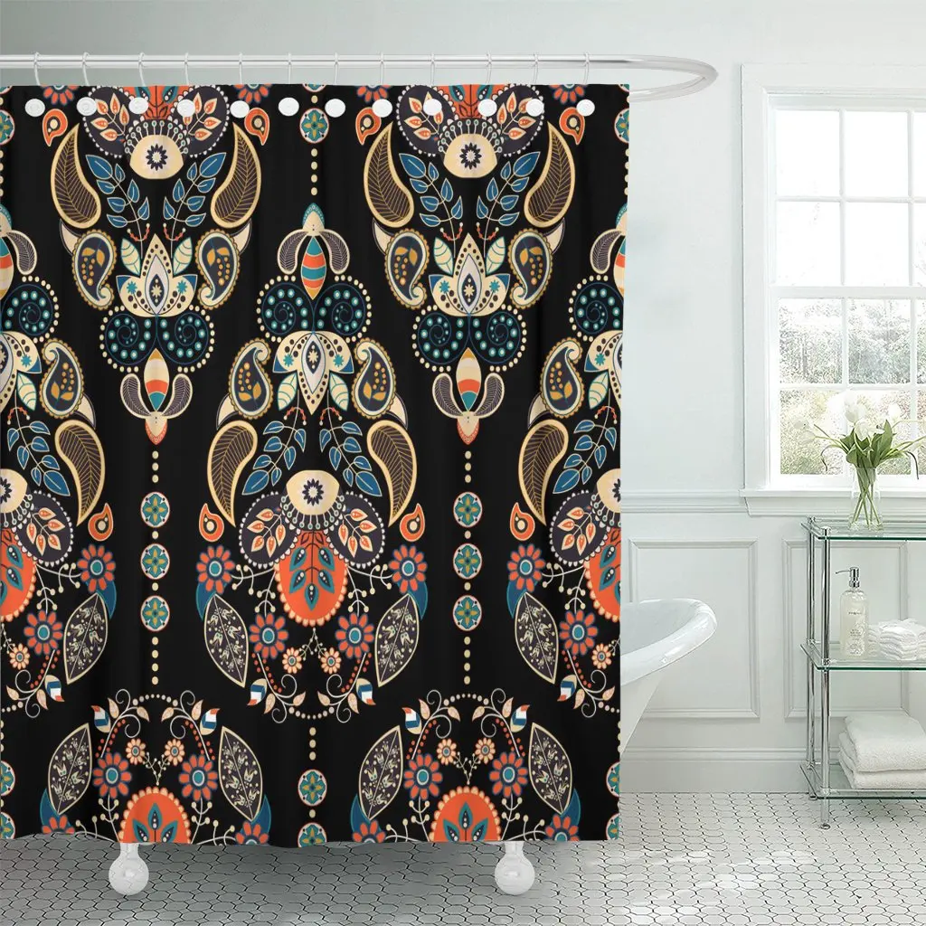 Colorful Pattern Paisley Floral Dark Indian Flower Asian Canvas Shower Curtain Waterproof Polyester Fabric 72 x 72 Inches Set