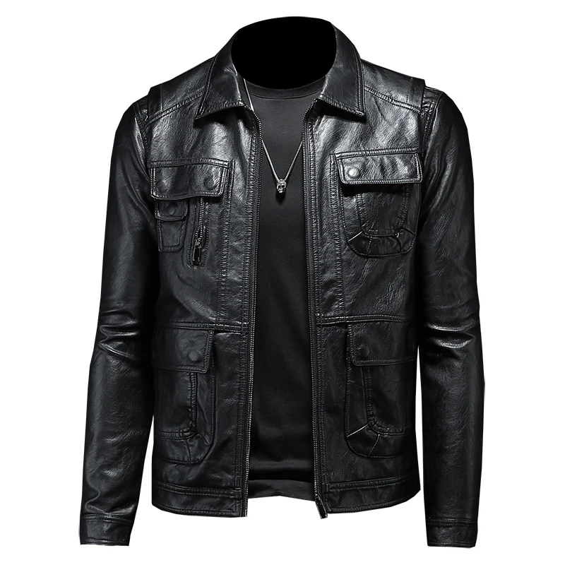 Leather Jacket Men Coat Brand Clothing Lapel Multi-Pocket Zipper Slim Fleece Thicken PU Motorcycle Biker Fashion Black Outwear