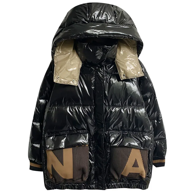 2024 New Hooded Glossy Winter Down Cotton Padded Jacket For Womens Thick Bright Black Shiny Jacket Black Parkas Fashion