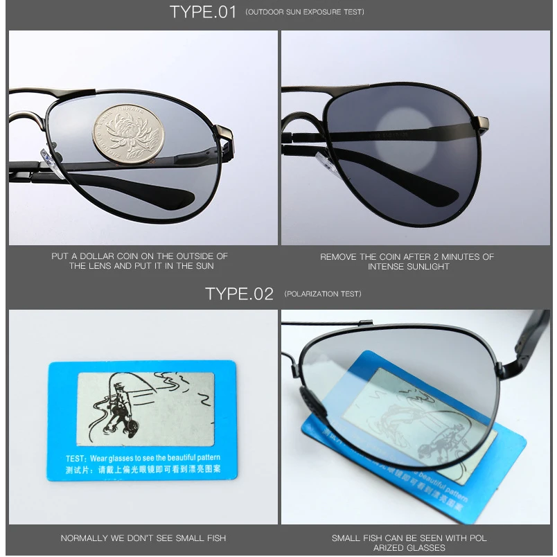 Men's Photochromic and Polarized Pilot Metal Sunglasses , Black Lens UV400 for Day & Night Driving Sun Glasses S7750-1