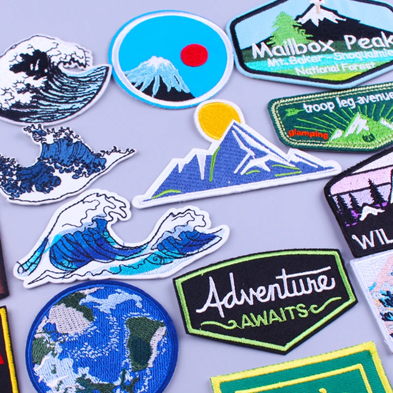 Wave Patches Outdoor Embroidery Patches For Clothing Mountain Adventure Iron On Patches For Clothes DIY Hook And Loop Stickers