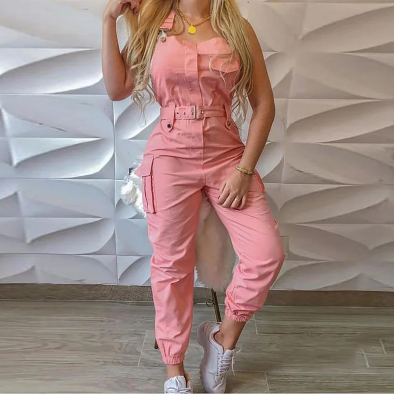 Strap Sleeveless Jumpsuit Women Loose Dungarees Long Rompers Summer Solid Pockets Cargo Pants Female Casual Work Out Playsuits