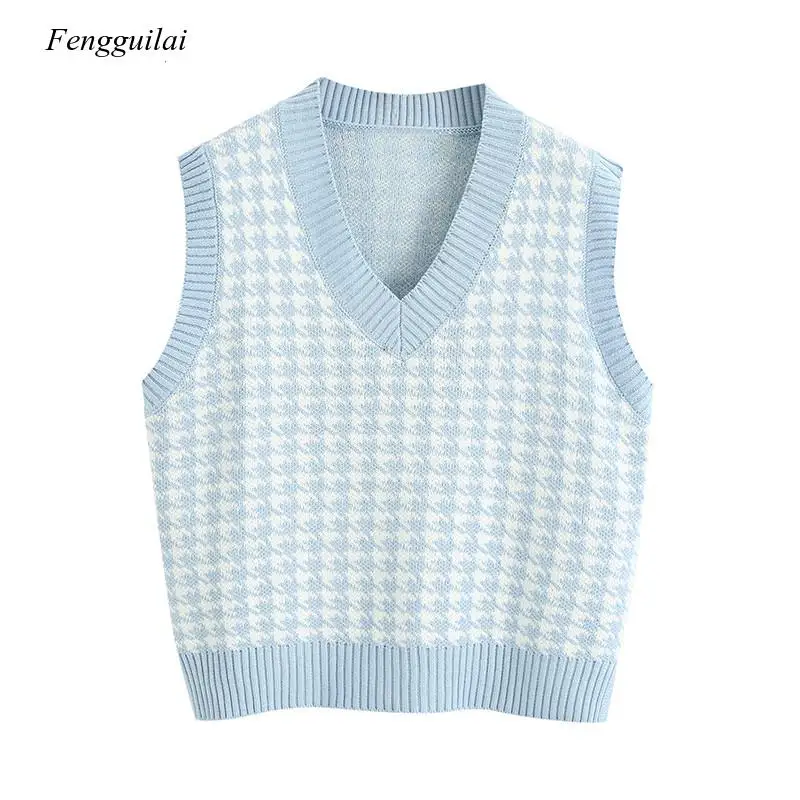 Women 2020 Fashion Oversized Knitted Vest Sweater V Neck Sleeveless Houndstooth Loose Female Waistcoat Chic Tops