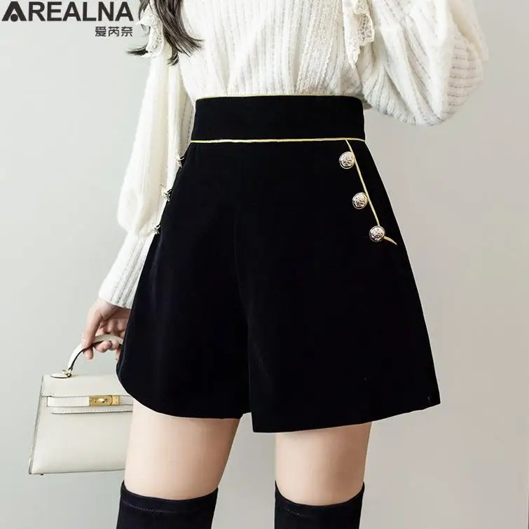 2023 High Waist black Women's Office Shorts Wide Legged A-Line Golden velvet Shorts Female Korean Style Casual Short Pants S-5XL