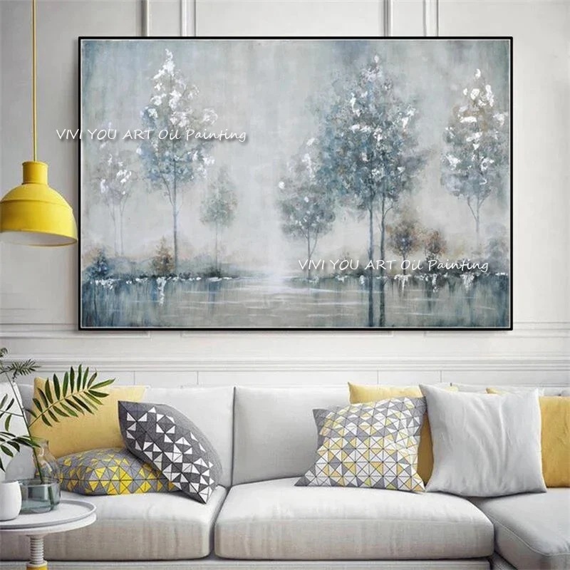 Handmade Nordic Vintage Abstract Sliver Lighter Tree Poster Canvas Painting Wall Art Pictures for Living Room Cuadros Home Decor