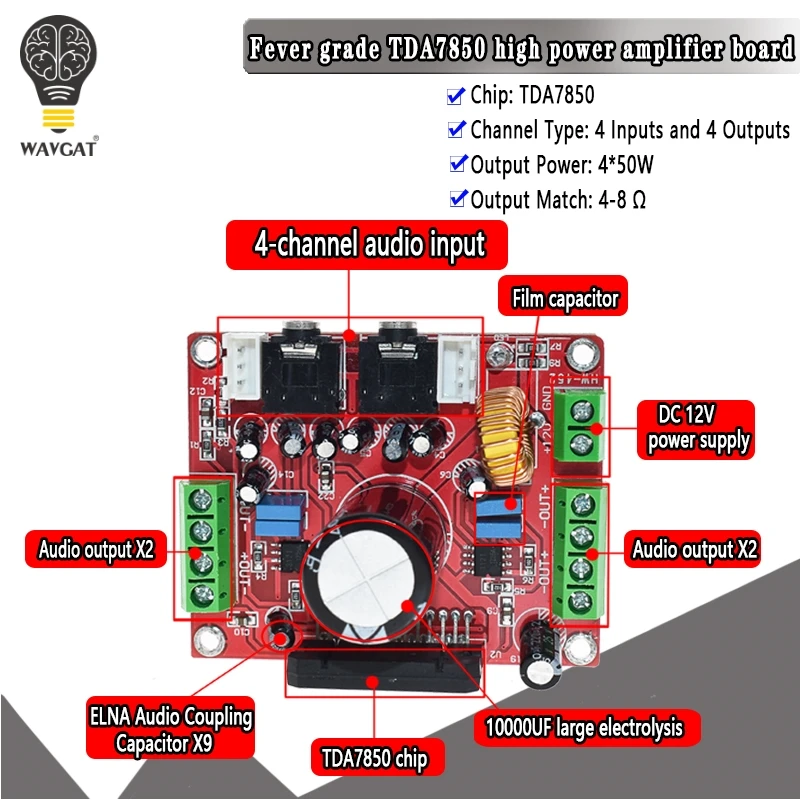 Fever class TDA7850 power amplifier board 4 channel car power amplifier board 4X50W with BA3121 noise reduction