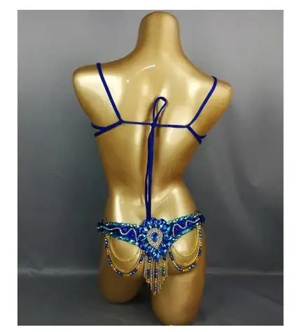 Festival Clothing Samba Carnival Bra Belt Rainbow Stone Dance Costume C013-RYOAL BLUE free shipping