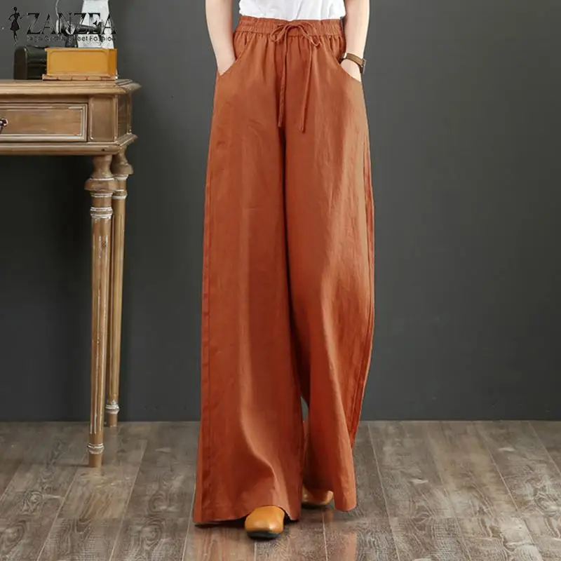 Casual Wide Leg Pants Women\'s Autumn Trousers ZANZEA 2023 Vintage High Waist Long Pantalon Palazzo Female Solid Turnip Oversized