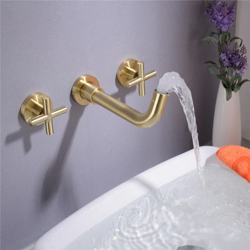 Bathroom brushed gold in-wall hot and cold basin faucet concealed bathtub outlet washbasin basin full copper split faucet