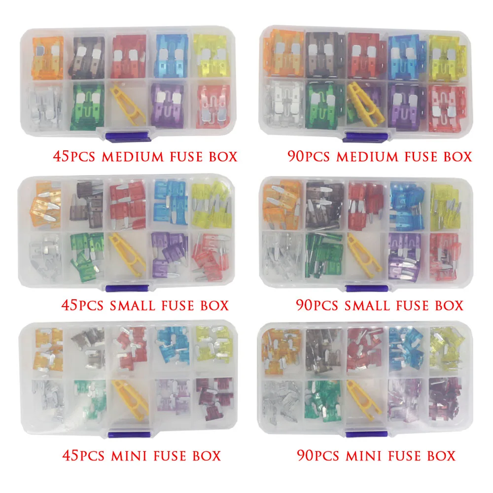 Combination car fuse 45/90PCS mini/small/medium size 5~40A 32V  Assortment Automotive Blade Type Fuse with box and clip