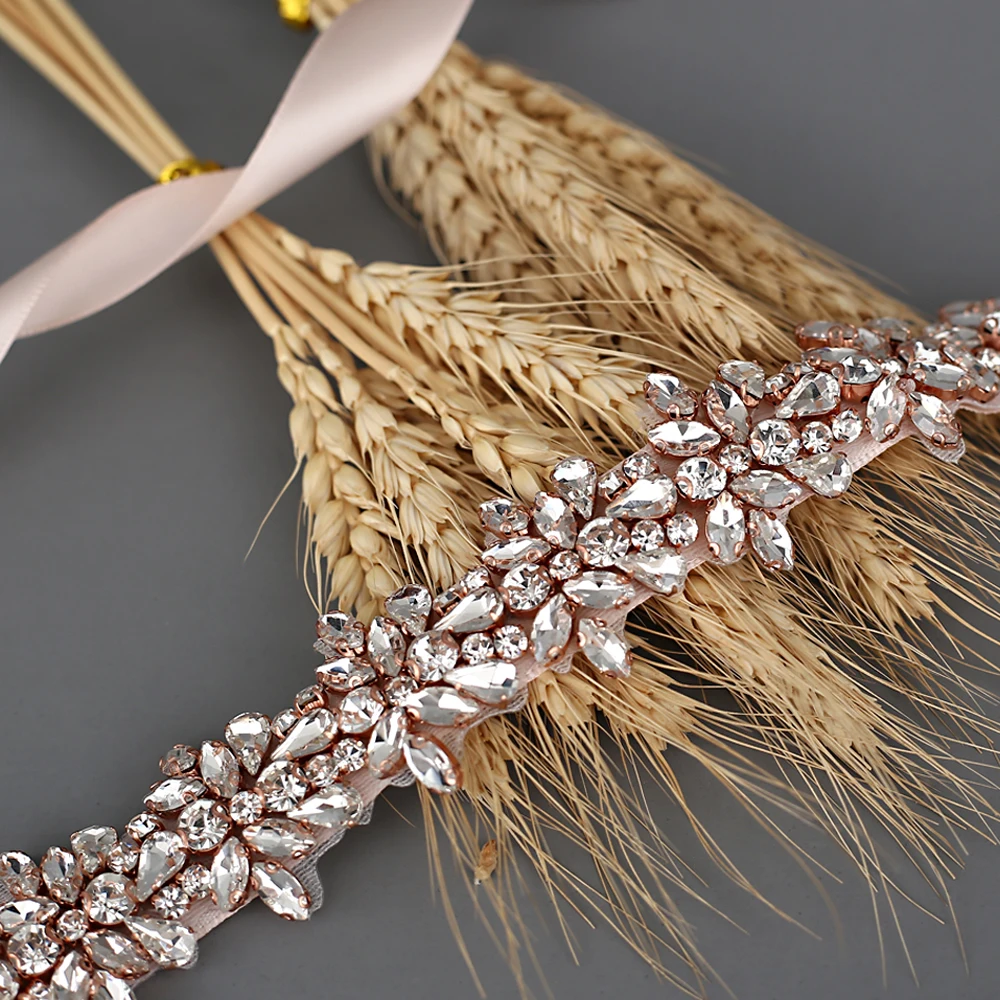 100% Handmade Rose Gold Crystal งานแต่งงานเข็มขัดเพชรเข็มขัดเจ้าสาว Sash Rose Gold Rhinestones เข็มขัด Sashes