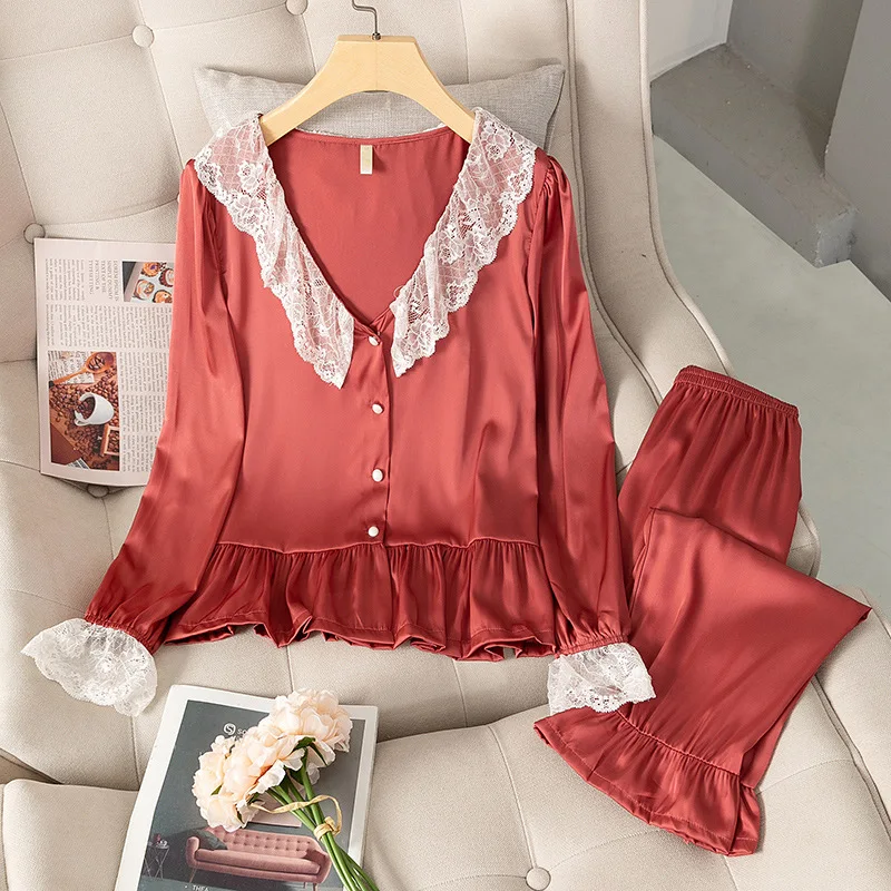 V-neck Sleepwear Women 2PCS Pajamas Set Faux Silk Nightwear Casual Shirt&Pants Intimate Lingerie Soft Pijamas Lounge Wear