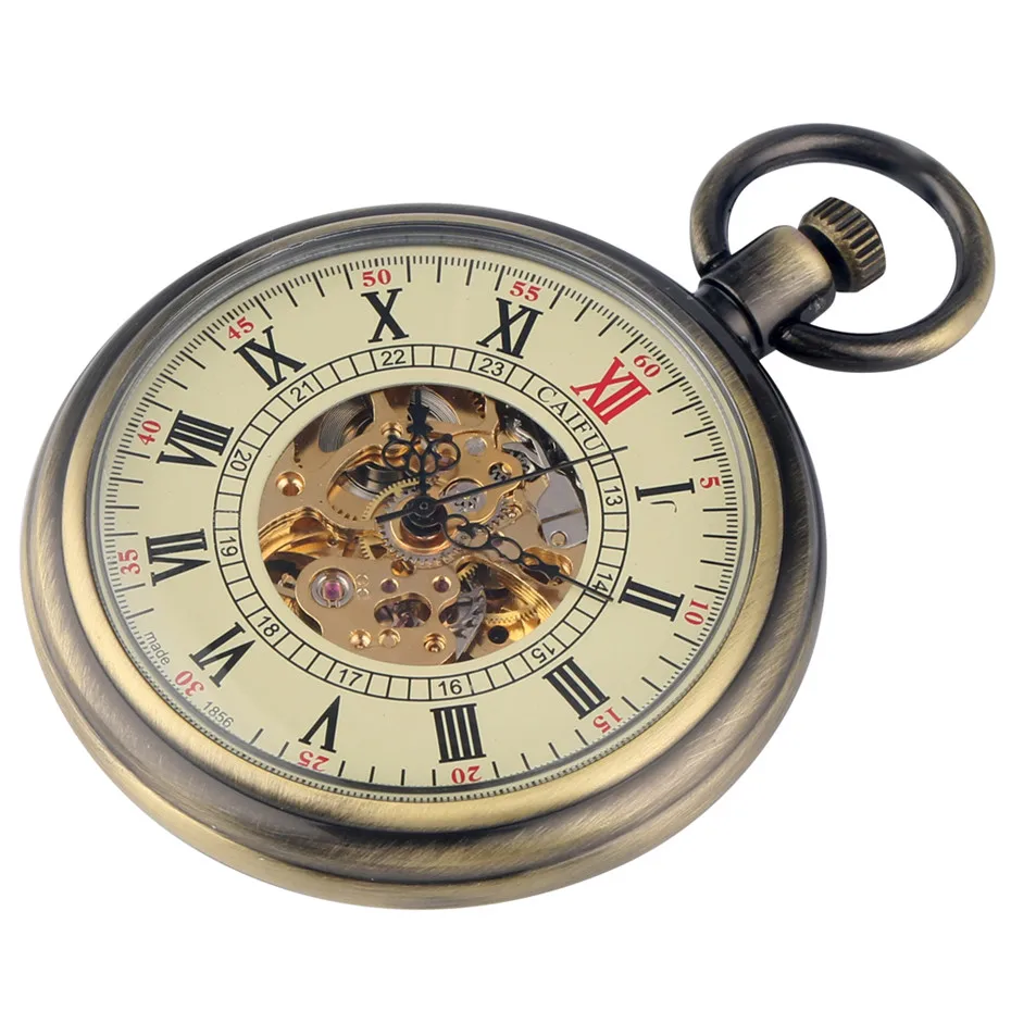 Open Face Roman Numerals Display Automatic Pocket Watch Bronze/Black Metal Case Retro Punk Pendant Self Winding Pocket Clock