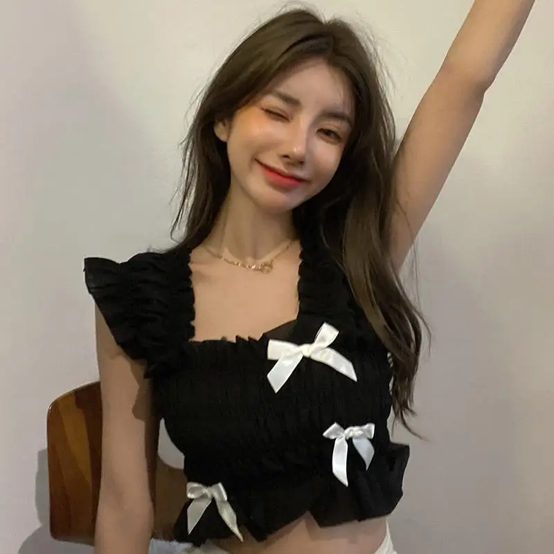 Camis Women Soft Bow Cropped Solid Students Casual Sexy Sweet Slim Summer White Korean Style Chic Design Camisole Cute Tops New