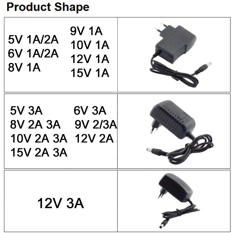 DC 5V 8V 9V 12V 15V Adapter Power Supply AC 100V-240V 1A 2A 3A Charger Converter DC 5.5 4.0 3.5x1.35mm 2.5mm jack plug connector