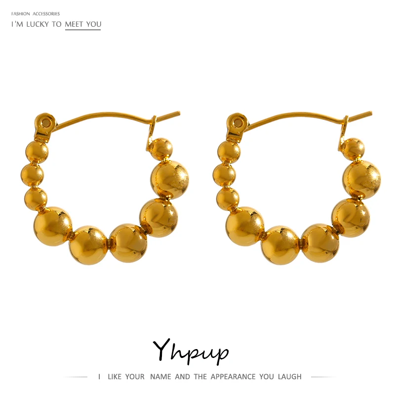 Yhpup Stainless Steel Bead Hoop Earrings Simple Gold 18 K Plated Round Hollow Earrings бижутерия для женщин Party Gift New