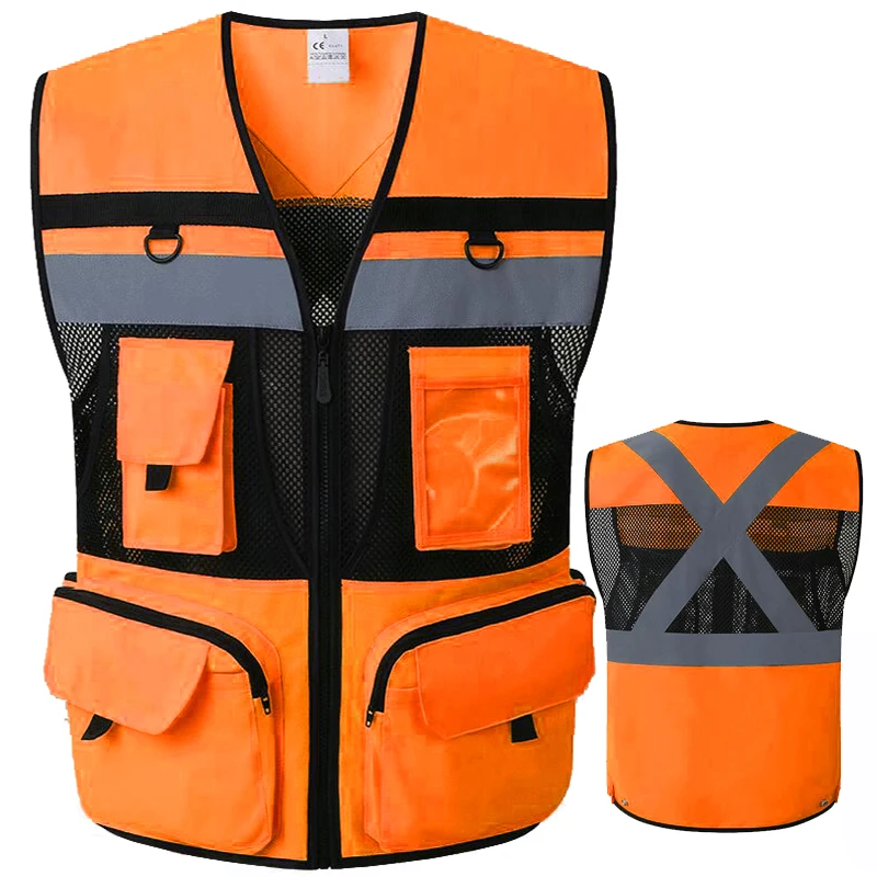 Orange Safety Vest Reflective With Tool Pockets Breathable Work gilet Hi Vis Mesh Reflective Vest Workwear