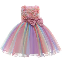 High Quality Summer Girls Dress Rainbow Mesh Bow Birthday Party Dance Costume Little Princess Dress Kids Clothes 1-10 Years Old