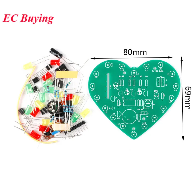 Kit diy de lâmpada de respiração em formato de coração, conjunto de led colorido, controle de luz, música, produção eletrônica, dc 3v 4.5v-5v para aprendizagem