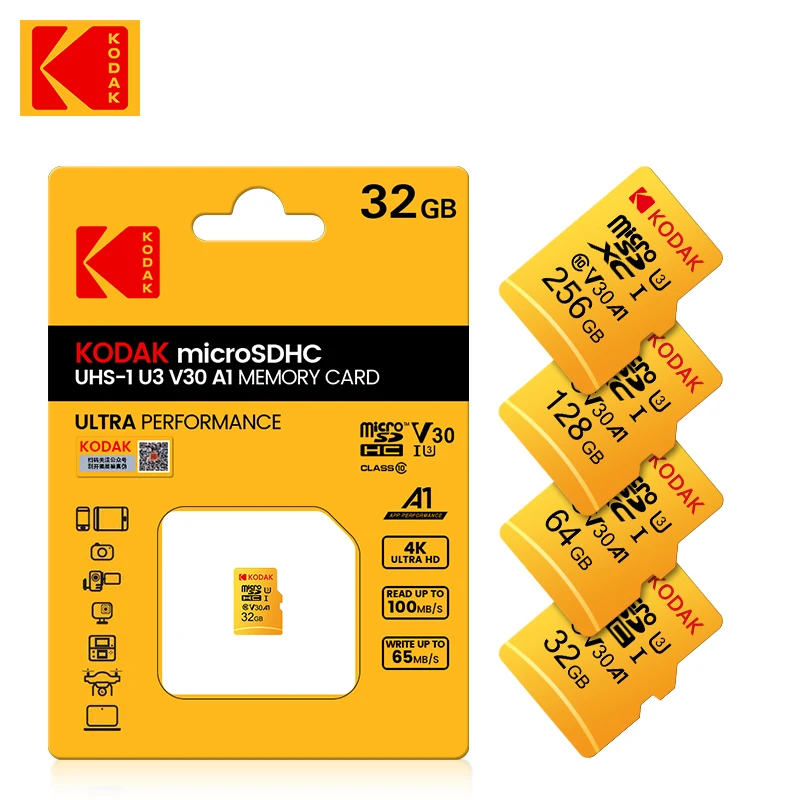 Карта памяти KODAK U3, 256 ГБ, 128 ГБ, 4K, мини SD-карта 64 ГБ, 32 ГБ, SDHC, Micro TF, стандартная высокоскоростная карта памяти 10 класса для