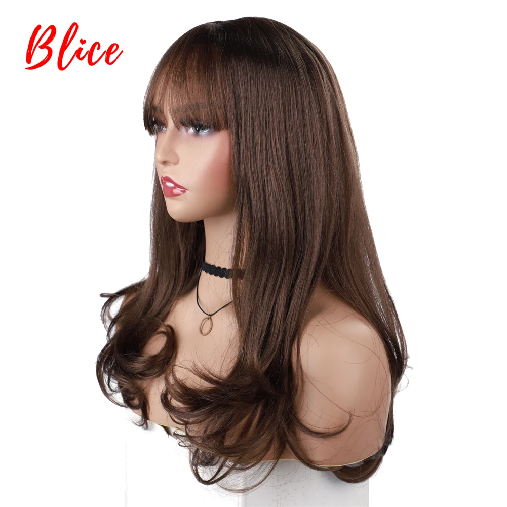 18 Inch Long Wavy Synthetic Wig With Side Bangs Brown