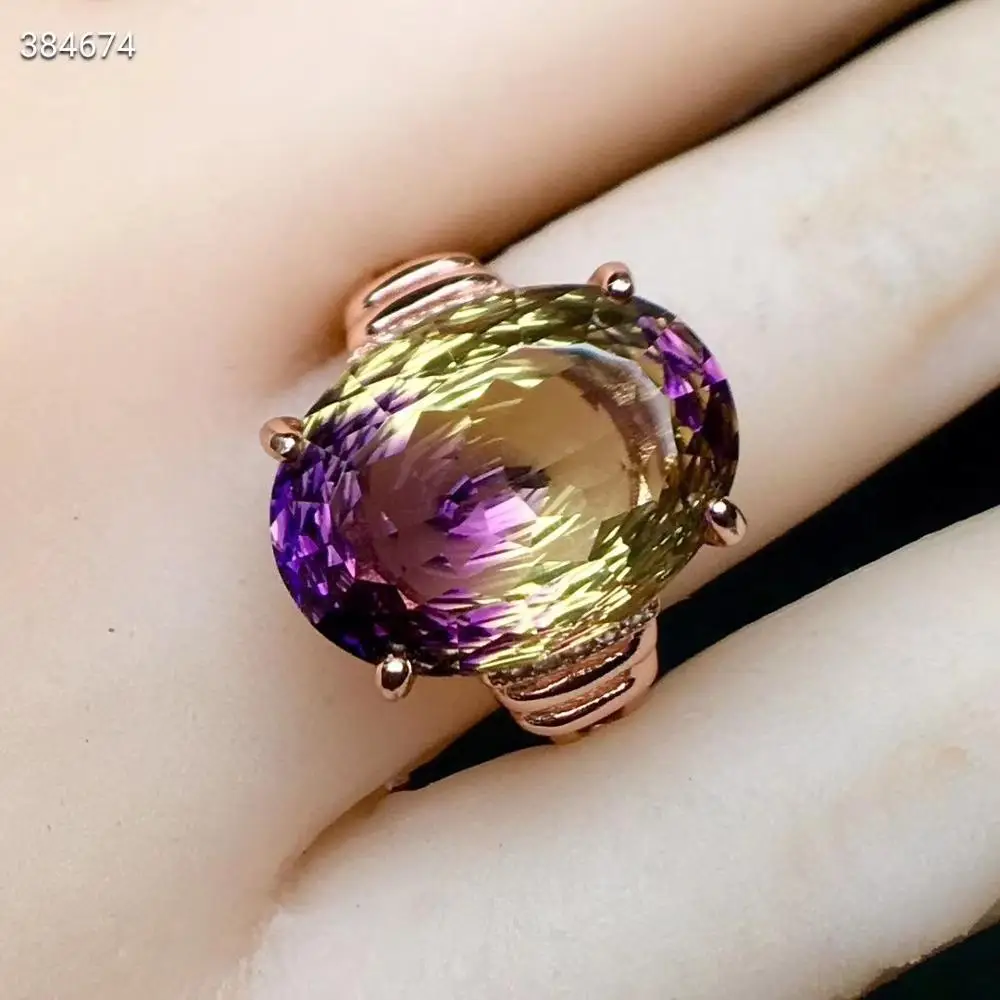 Natural Purple Yellow Ametrine Quartz Resizable Ring Faceted Cut Women Adjustable Size Ring Ametrine 12*16mm Rare Gift AAAAAA