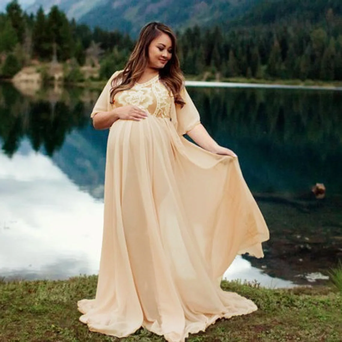 Fashion Lace maternity dress Long Maternity Photography Props Pregnancy Dress For Photo Shooting Off Shoulder Pregnant Dresses