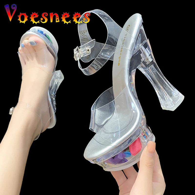 Women Sandals Female Model T Station Catwalk Sexy Crystal Transparent Women Shoes 14CM High Heels Waterproof Square Heel Sandals