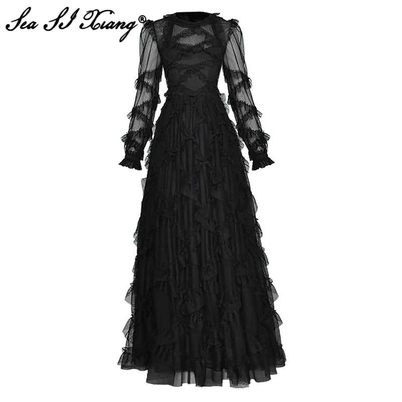 

Seasixiang Fashion Designer Autumn Maxi Mesh Dress Women O-Neck Lantern Sleeve Cascading Ruffle Dot Floor-Length Party Dresses