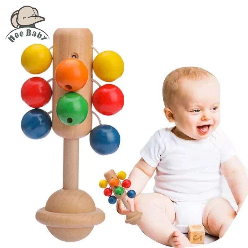 

0-12 Months Baby Toy Hand Rattle 1pc Wooden Interactive Babies Toy For Newborn Baby Toys Colorful Educational Children's Toys