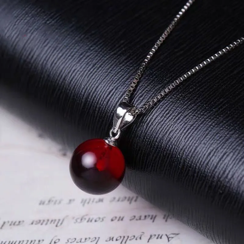 20mm Natural Red Amber Pendant Necklace Jewelry For Women Men Love Gift Crystal Stone Silver Round Beads Reiki Gemstone AAAAA