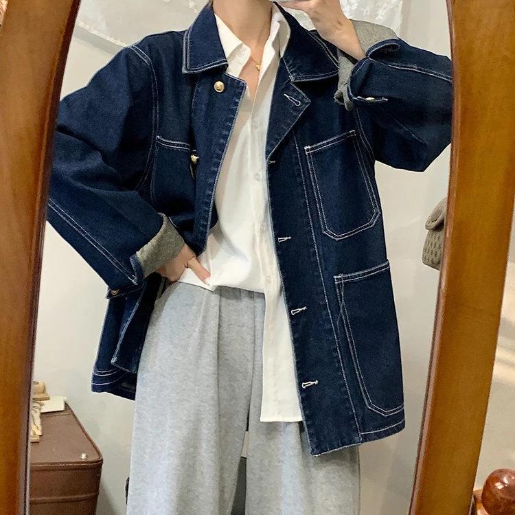 Women\'s casual Jean Coats 2021 autumn Women loose Vintage Blue Denim Jacket Long Sleeve Loose Female Girls Outwear coats (78518)