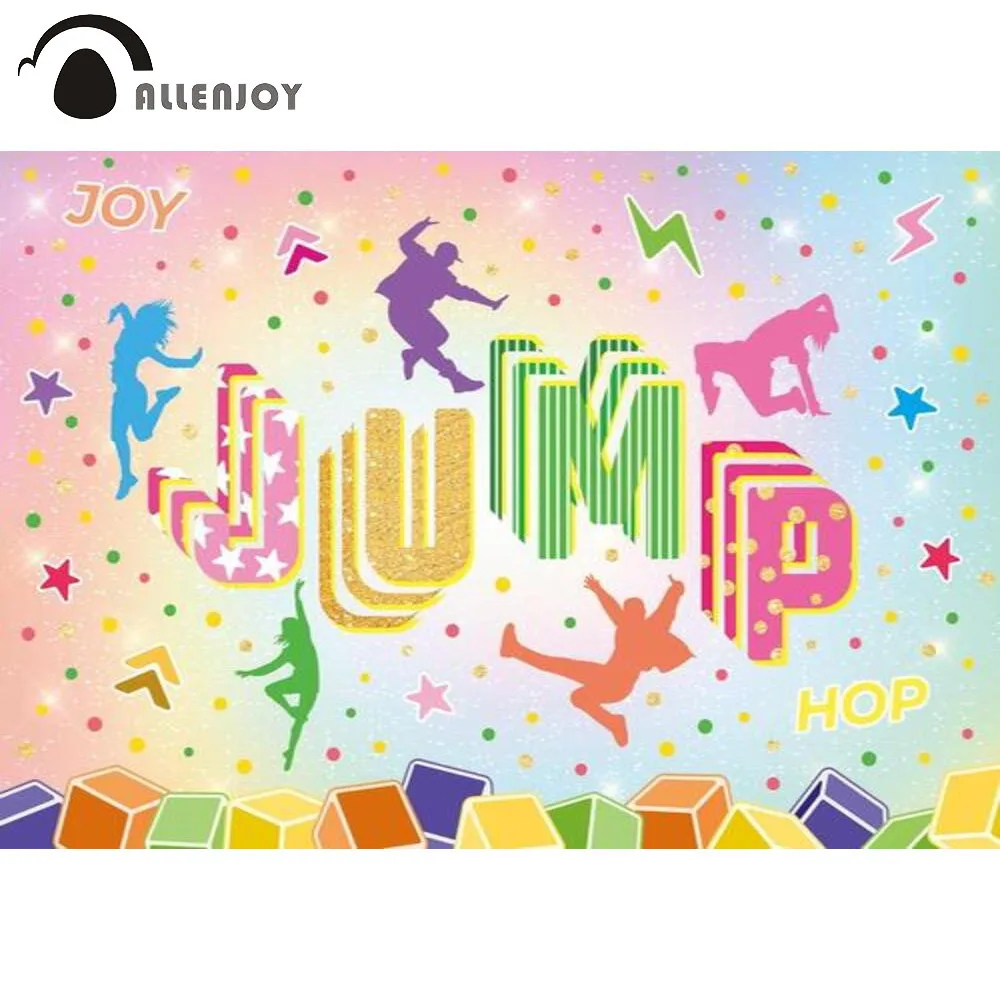 Allenjoy Let's Jump Birthday Photography Backdrop Colourful Sports And DancingTheme Friends Gathering Background Decor Banner